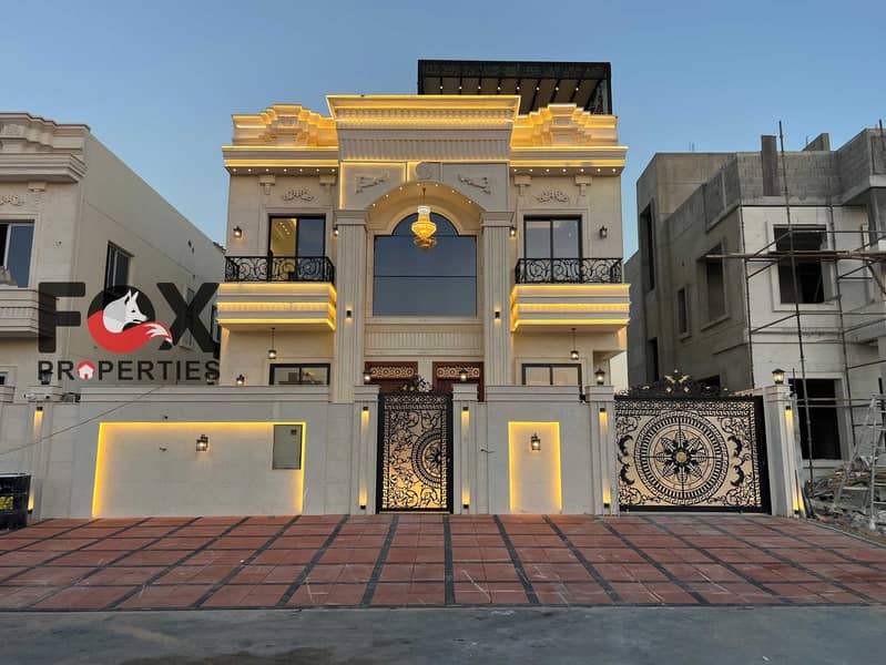 Luxury classic villa in Al Helio 2 featuring 5 master bedrooms, majlis, 2 living halls, rooftop lounge, premium finishes, facing a large park. Registr